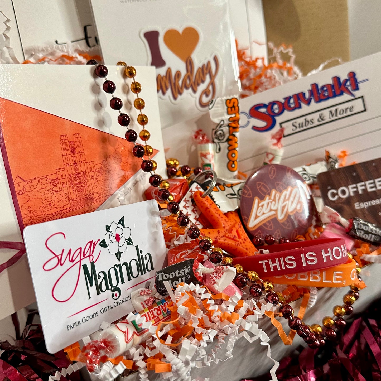 Burg Box student care package with Souvlaki Coffeeholics and Sugar Magnolia gift cards