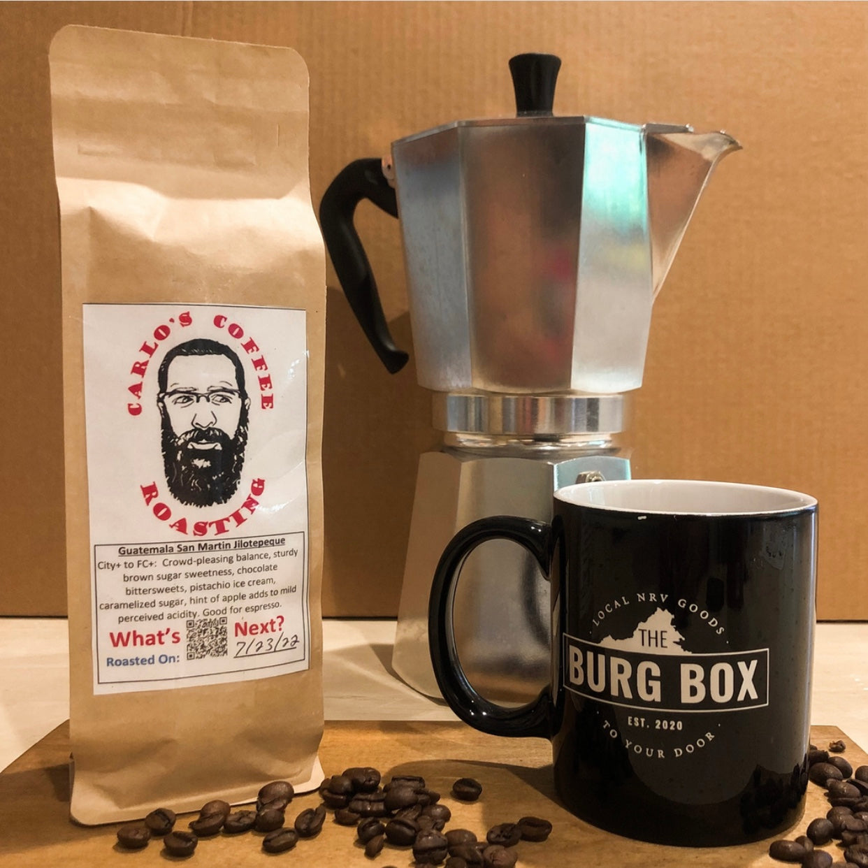 Carlos Coffee Roasting ground coffee with Burg Box mug and Italian espresso maker