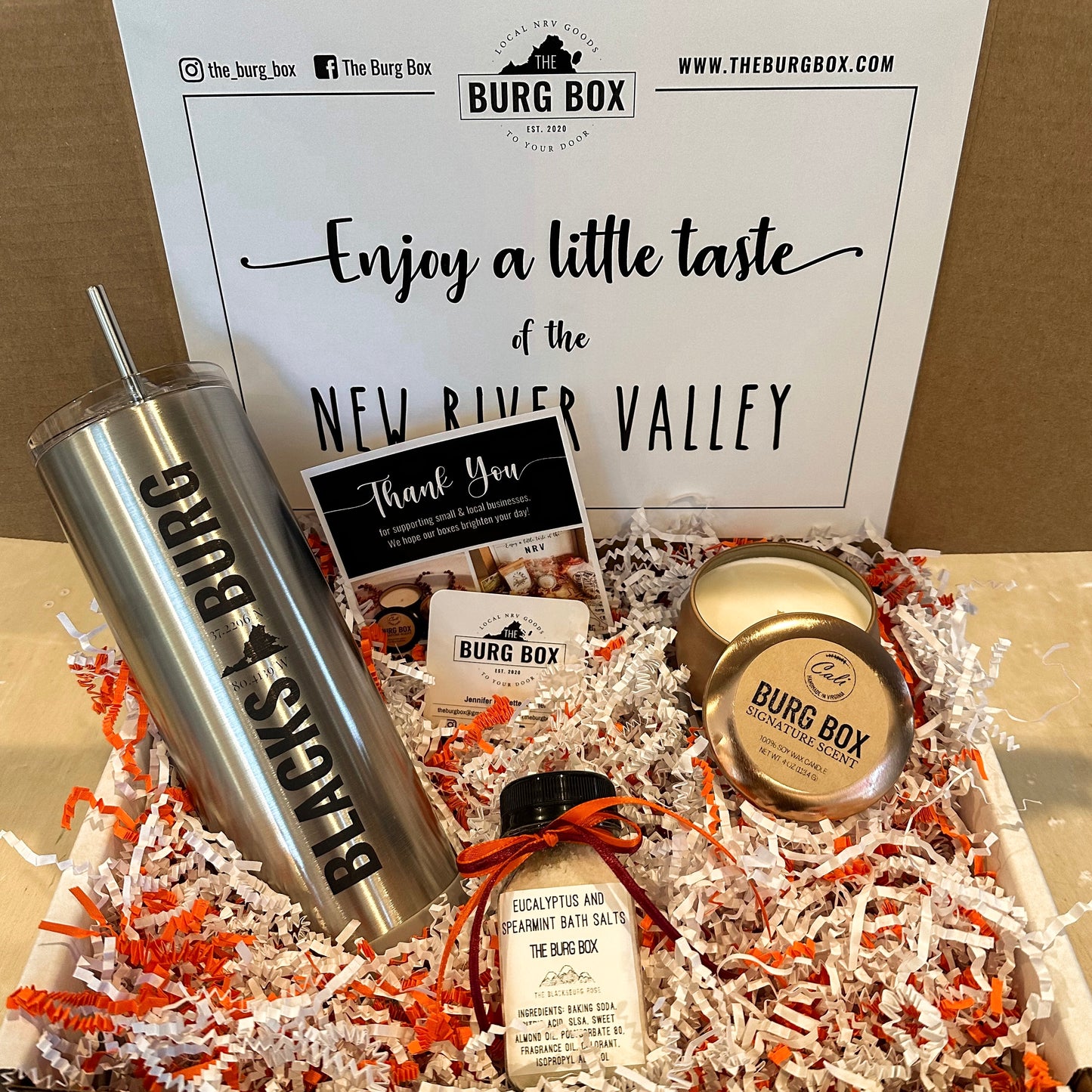 Custom Burg Box with stainless tumbler candle and bath salts