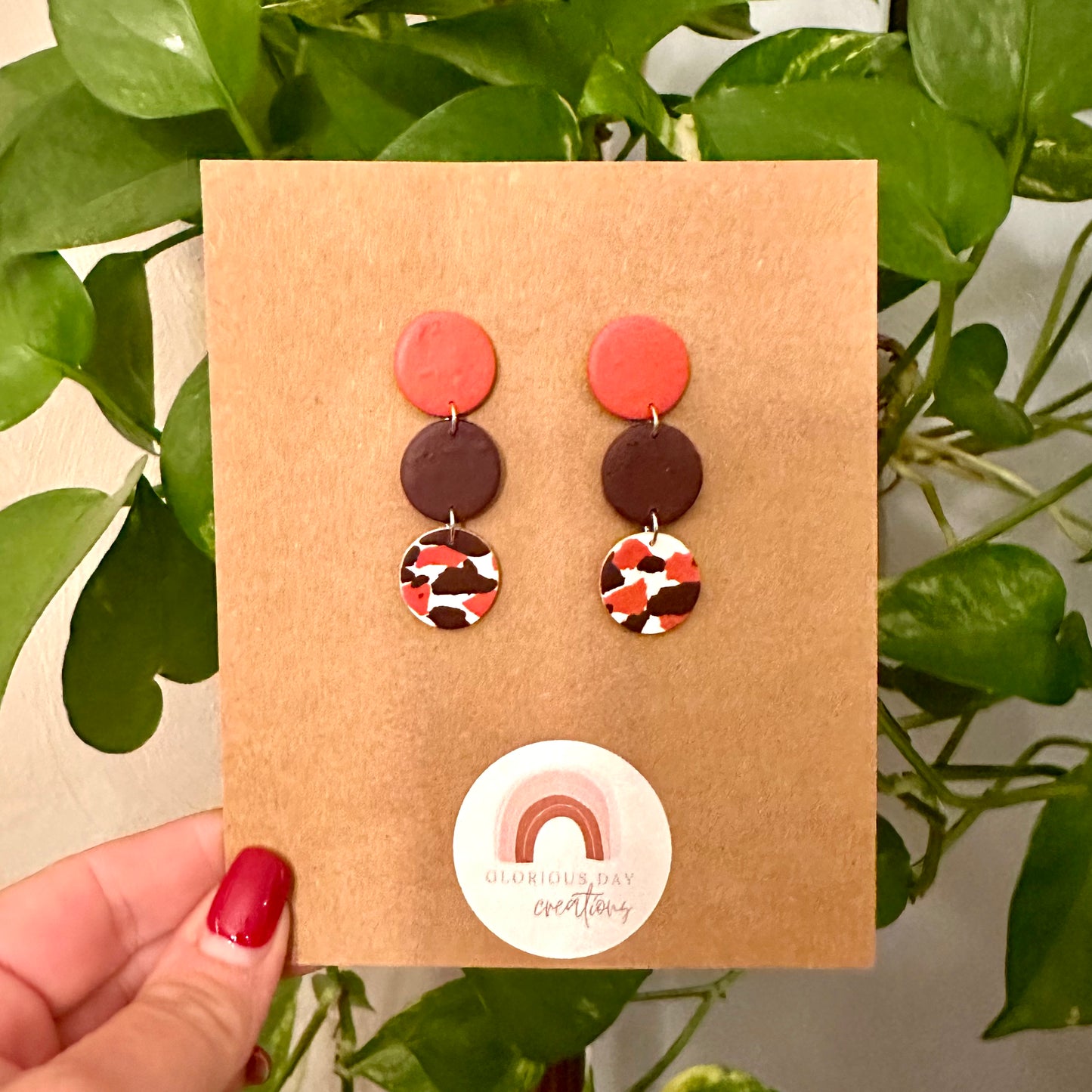 Glorious Day Creations three dot orange, maroon and speckle clay earrings
