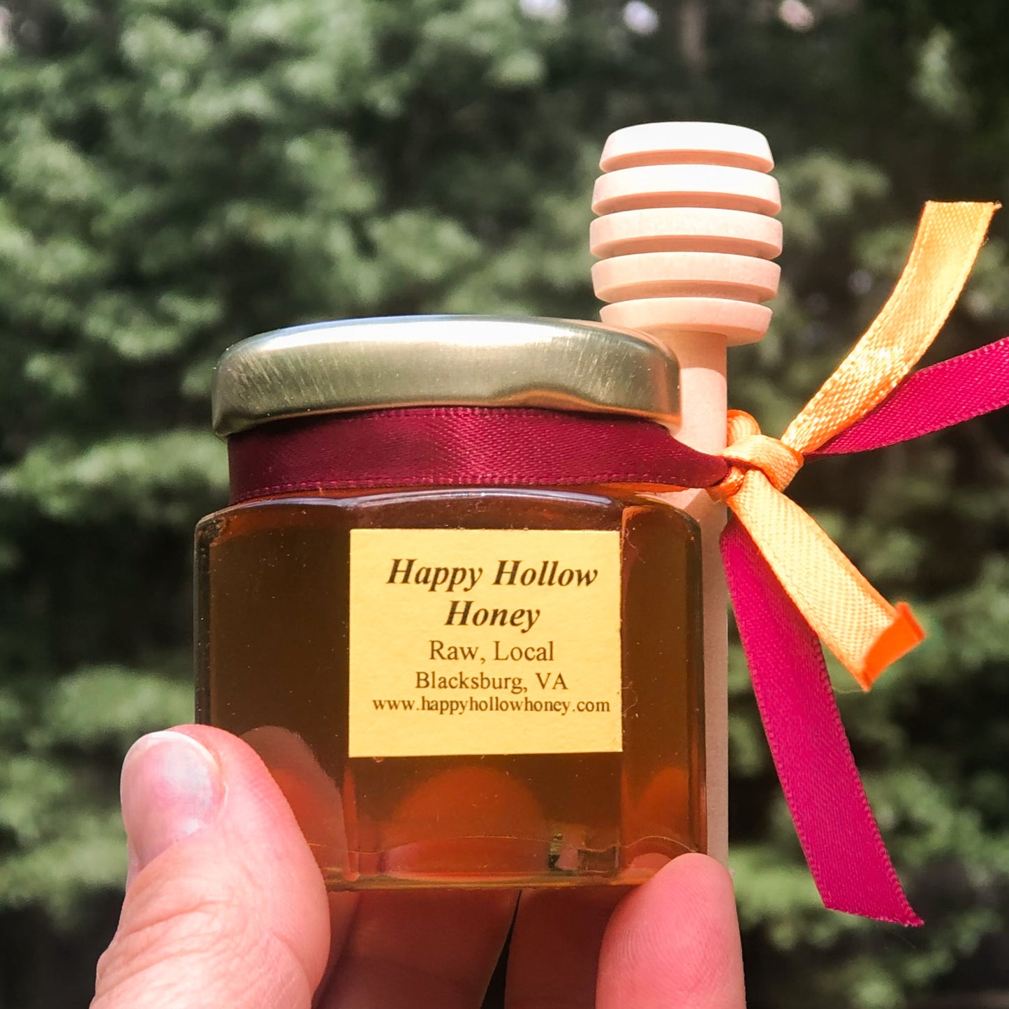 Happy Hollow Honey 2 oz. size local honey with honey stick included