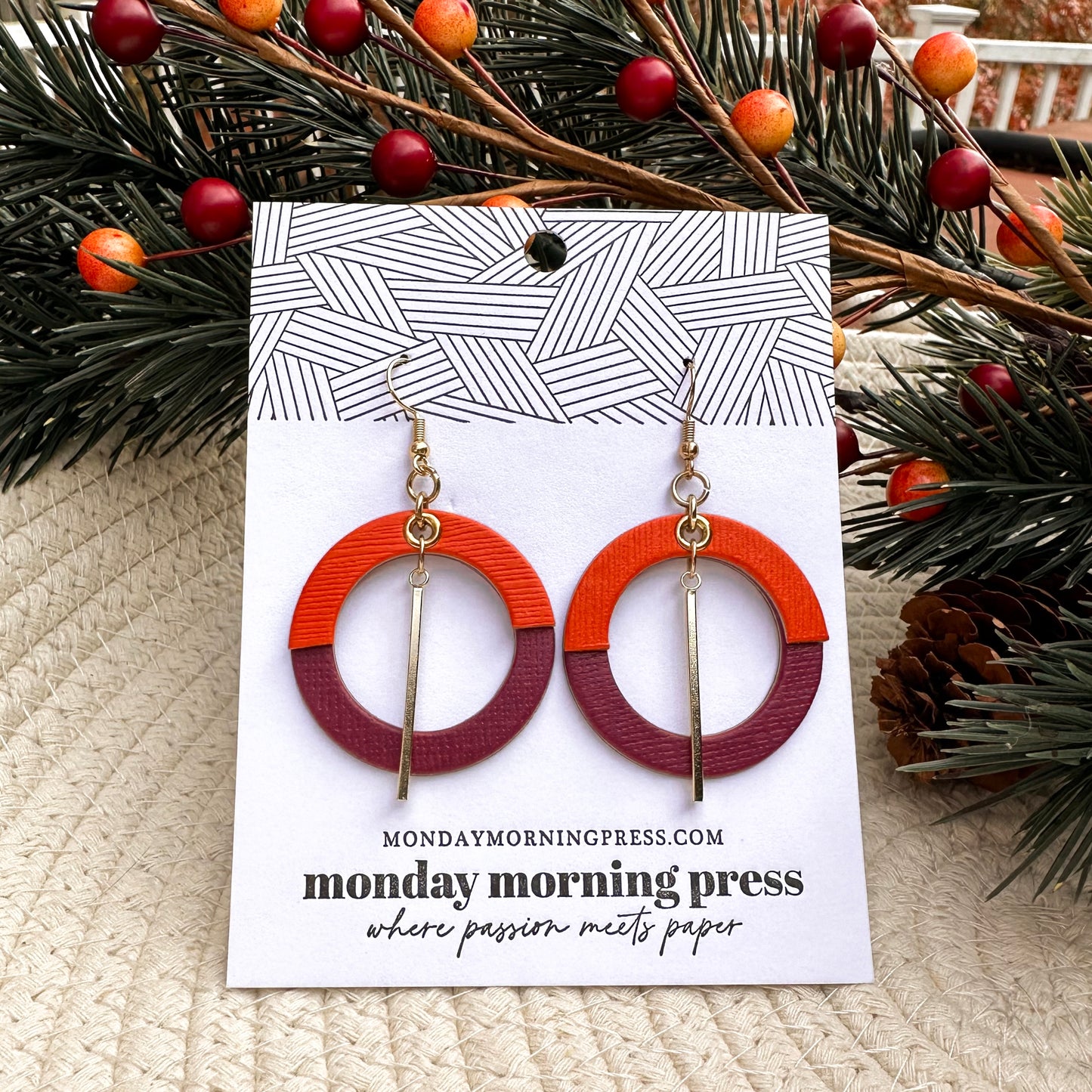 Orange and Maroon circle earrings with gold bar in middle, Mandie earring