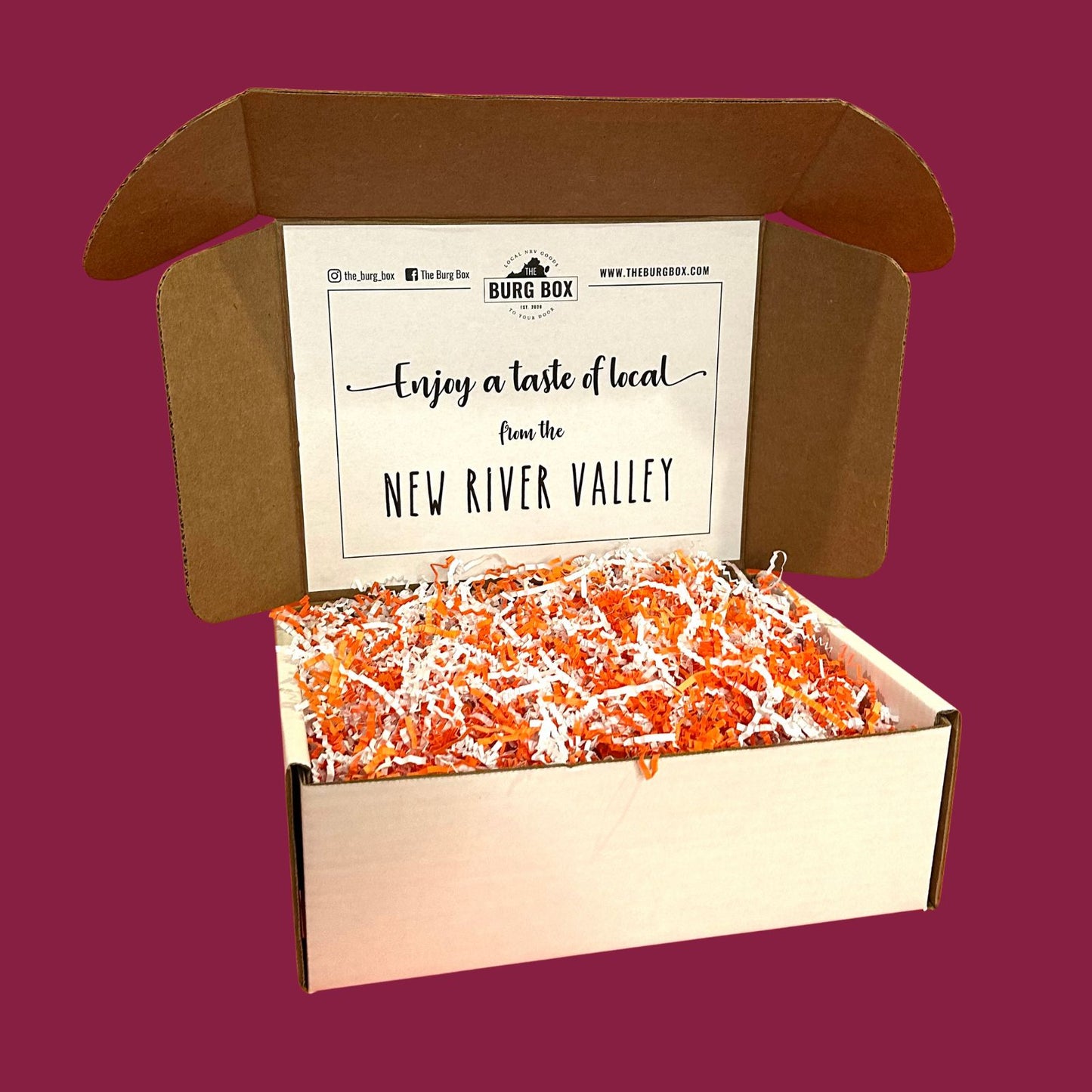 The Burg Box standard box with maroon background