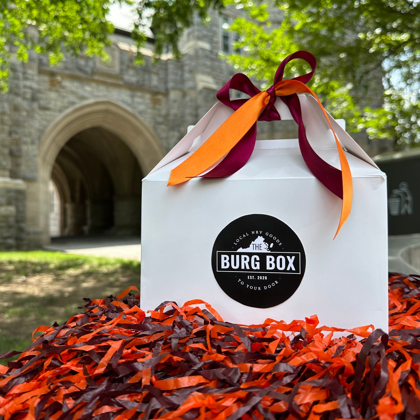 The Burg Box with Eggleston Dorm pictured behind it on Virginia Tech Blacksburg campus