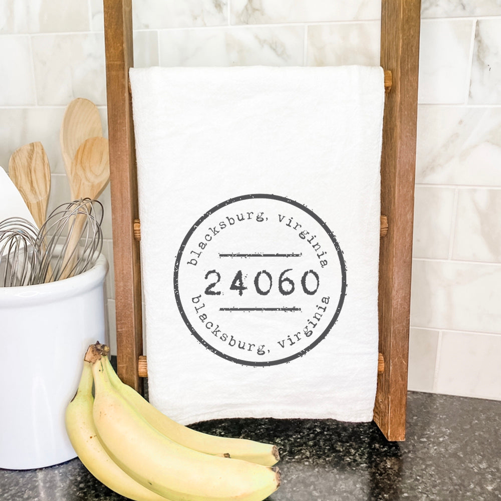Blacksburg Virginia tea towel hanging on rack