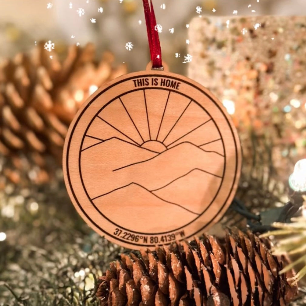 Blacksburg Coordinates "This is Home" Wood Circle Ornament with maroon ribbon