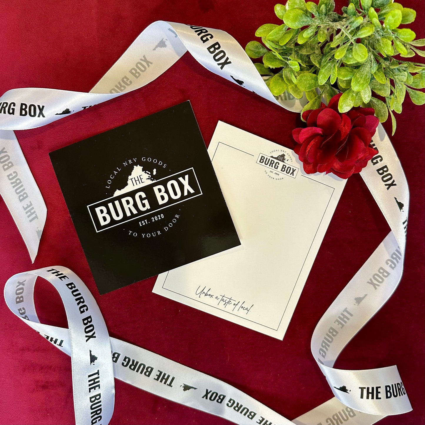 The Burg Box Signature Notecard, white background with black ink 